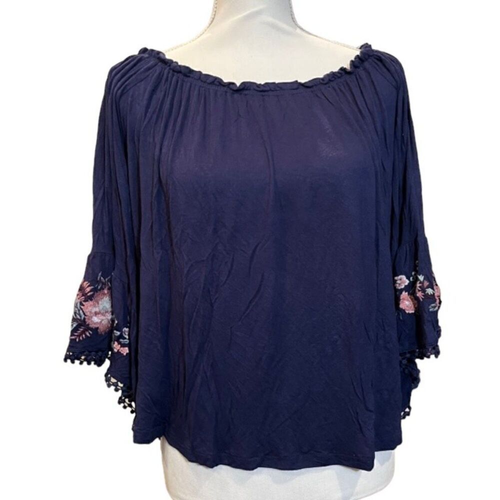 Altar'd State Floral Embroidered Bell Sleeve Navy Top‎ With Ball Trim Size Small
